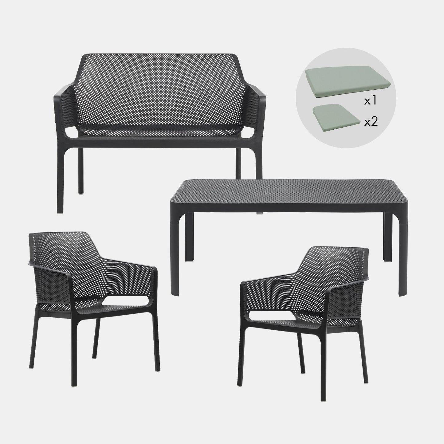 Shop our fab garden sets online including the net table, bench, seat cushions and 2 net relax chairs in anthracite