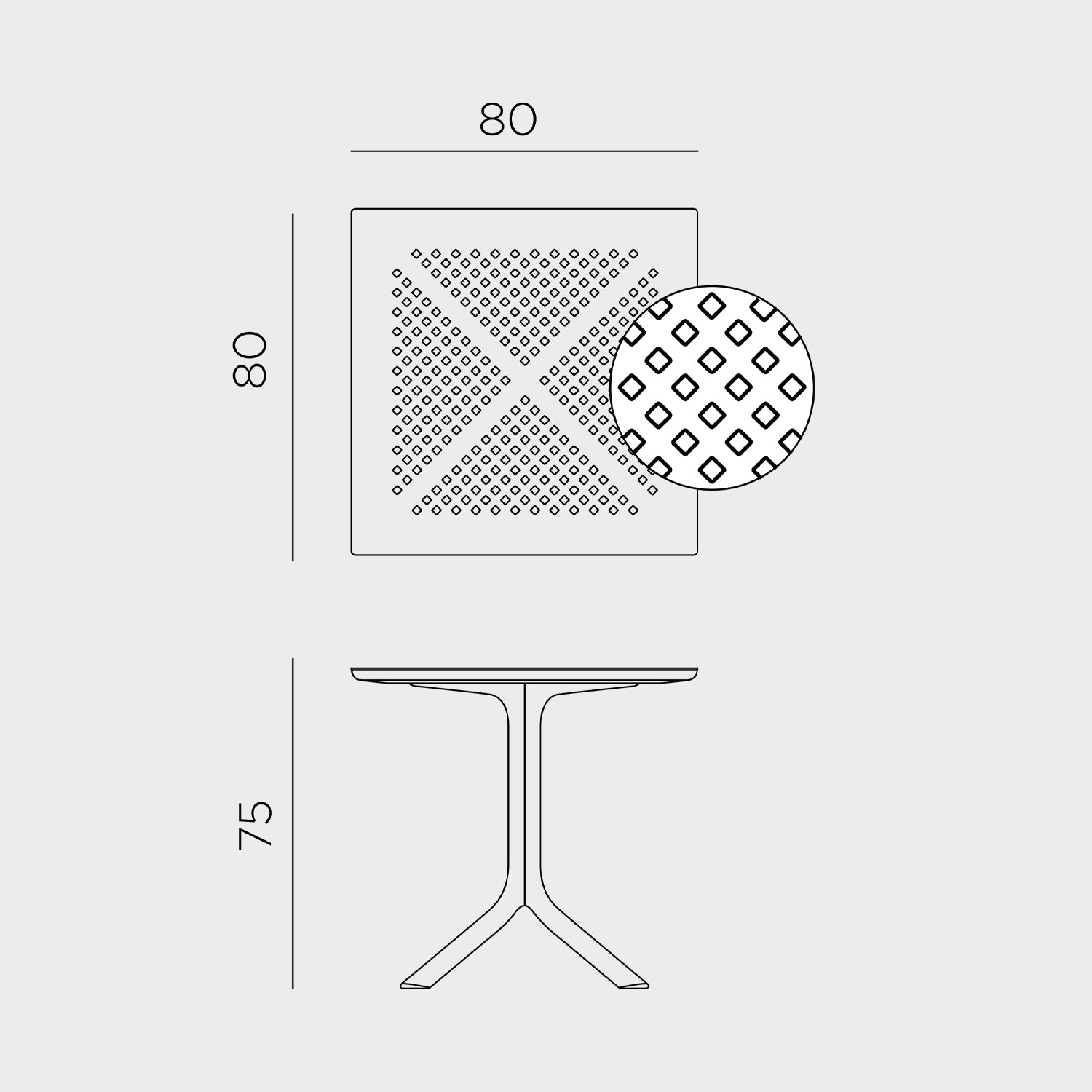 Waffle rain resistant table top, we love the clips 80x80cm outdoor dining table. Great for outdoor restaurants and commercial spaces and venues.