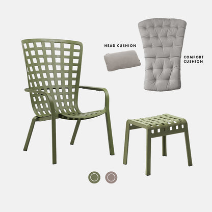 Olive green or agave folio garden chair set with footstool and cushions