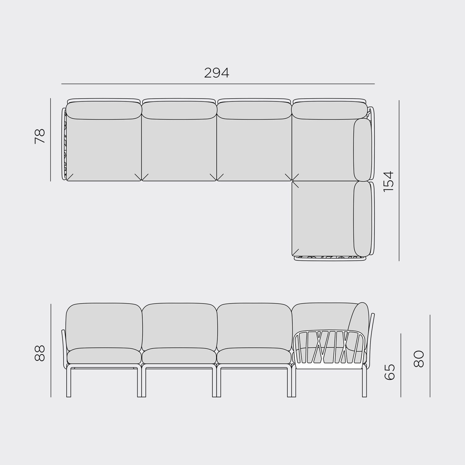 Standard configuration for the Komodo 5 corner sofa. 294cm wide and 154cm deep. We love the amount of combinations you can create with this set up, from two seater to full on corner.