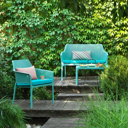 Salice or turquoise net table and bench set which includes cushions. 100's Nardi Outdoor items online.